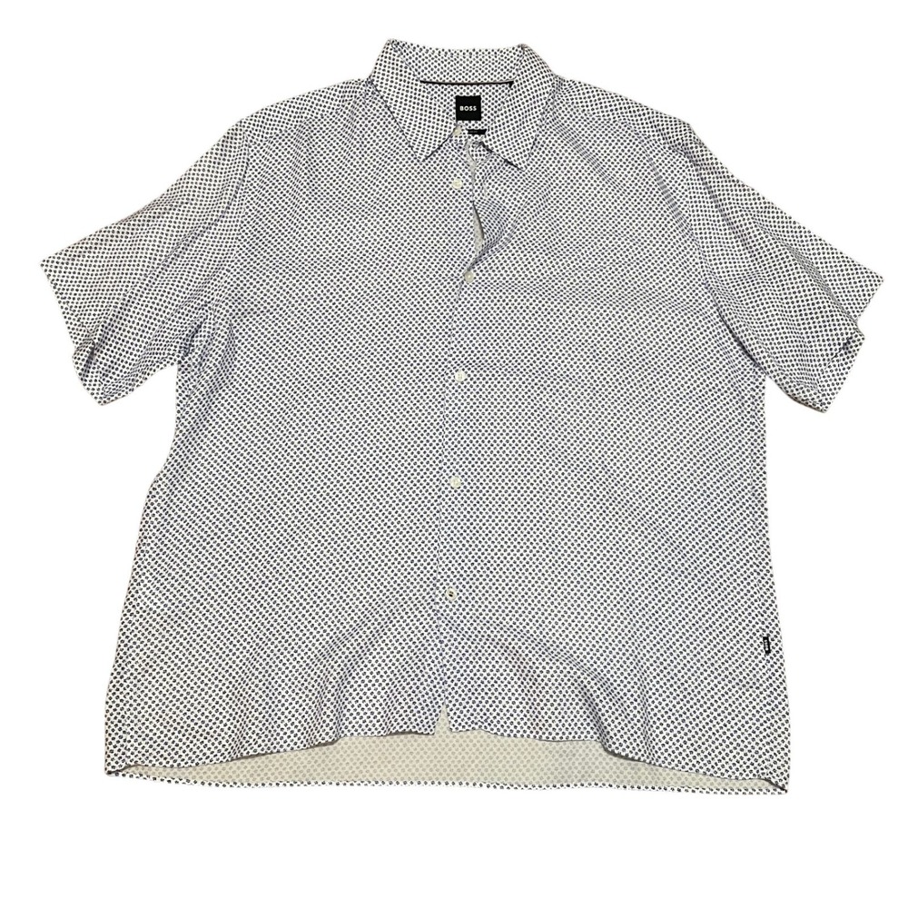 Hugo Boss Men's XL Leno Regular Fit Short Sleeve Blue Floral Print Button Up